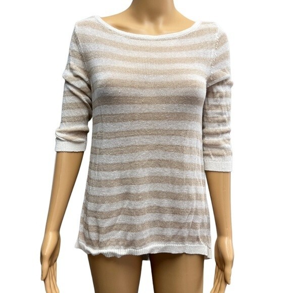 White House Black Market 3/4 Sleeve Stripe Pullover Cream Sparkly Tan Size XS - Picture 1 of 9